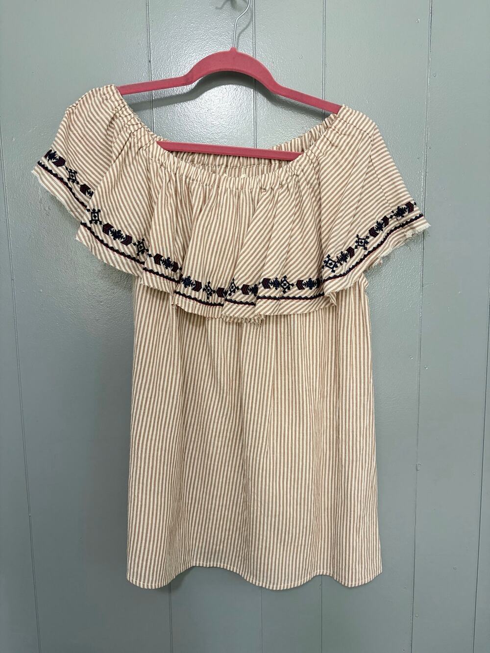 NEW Easel Tan Stripped Embroidered Cotton Blend One Shoulder Boho Tunic Top M